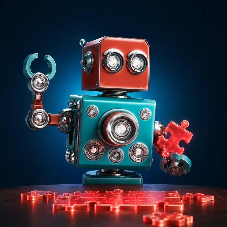 iBuildit-roboten som vinkar och bär en pusselbit